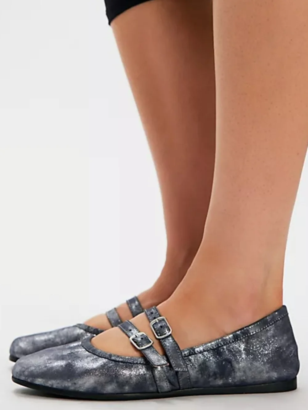Silver Metallic Mary Jane Ballet Slippers, Flat with Double Buckle